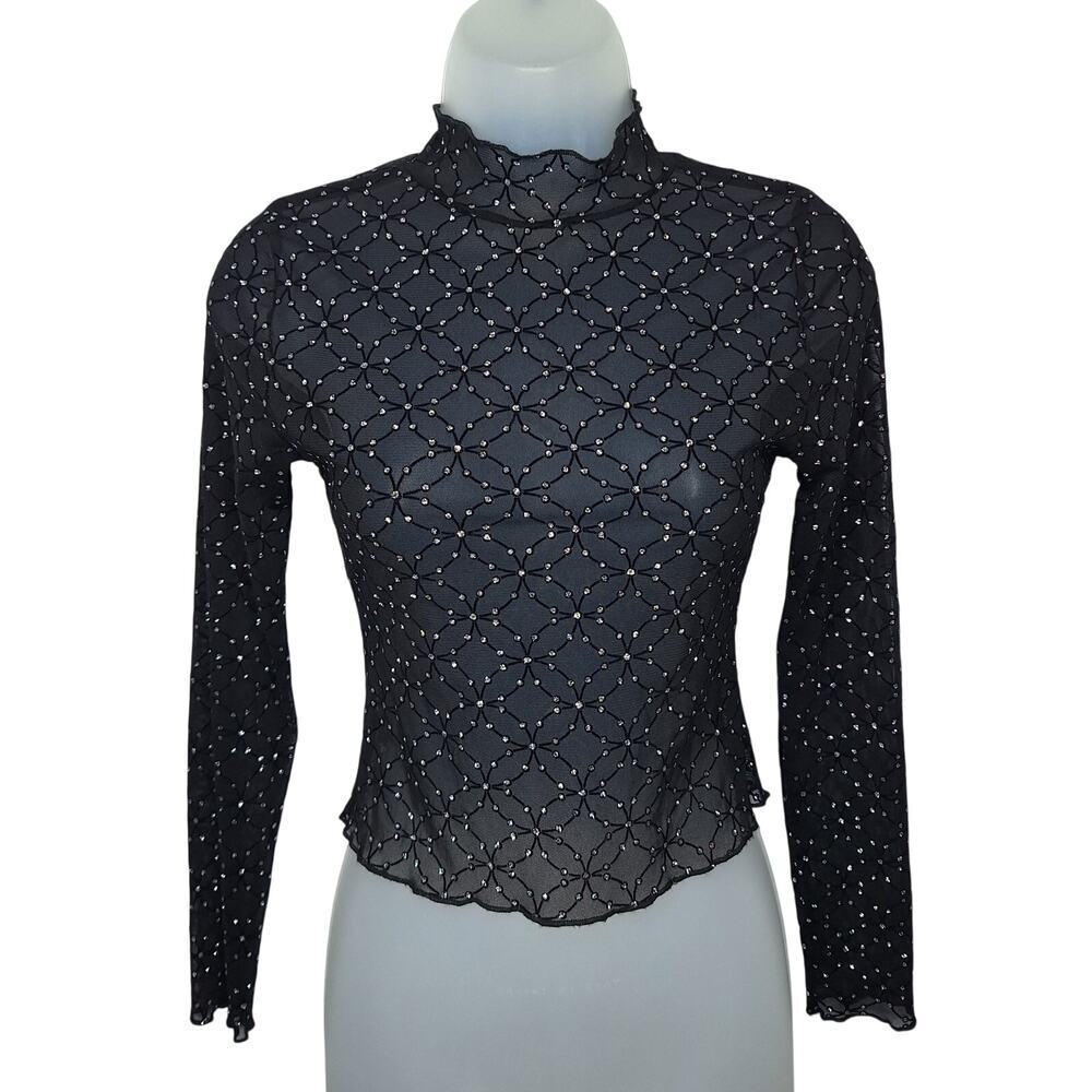 Sheer Mesh Glitter Long Sleeve Top XS/Small Mockneck Goth Fairy Whimsygoth Y2K